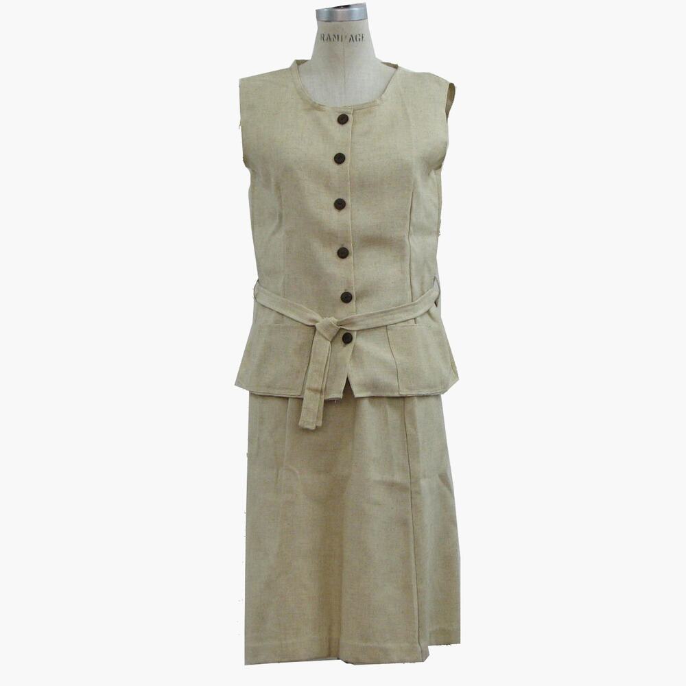 Vintage 70s Women's Small Linen Blend Vest & Wrap Skirt Set Oatmeal